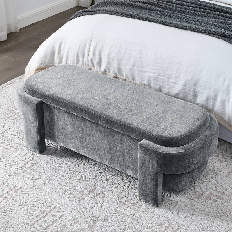 Oval Storage Bench End of Bed Storage Ottoman Benches Linen Fabric Upholstered Ottoman Bench w/ Large Storage Space for Bedroom