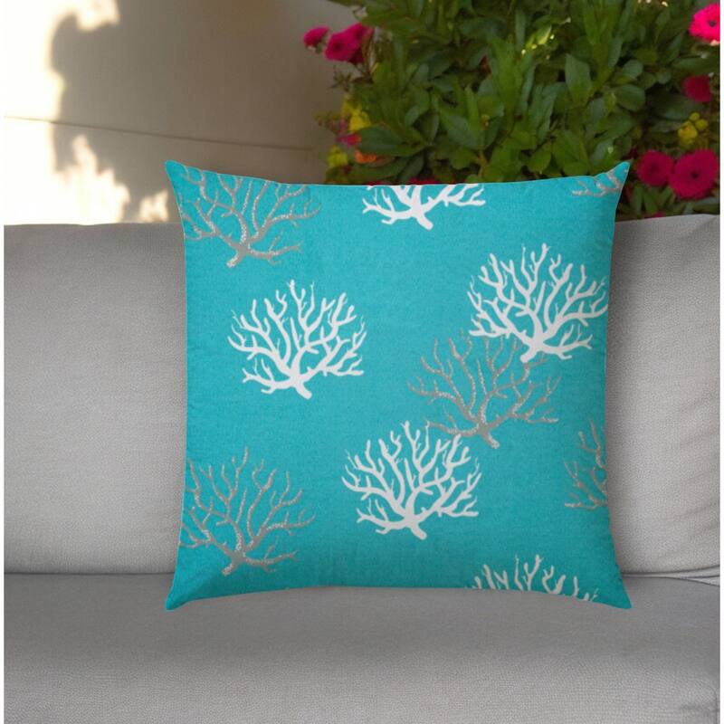 HomeRoots 20" Aqua Gray and White Coral Indoor Outdoor Throw Pillow Cover - 19.5' X '19.5' X '0.25 - Aqua Gray and White - 19.5' X '19.5' X '0.25