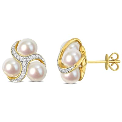 Miadora 1/5ct Diamond TW 6-6.5 mm White Freshwater Cultured Pearl Fashion Post Earrings in 14K Yellow Gold