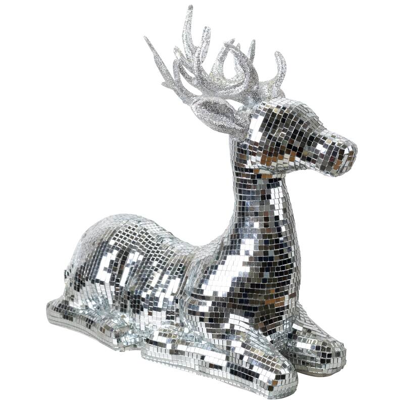 Mirrored and Glittered Sitting Deer Christmas Figure - 14.25" - Silver