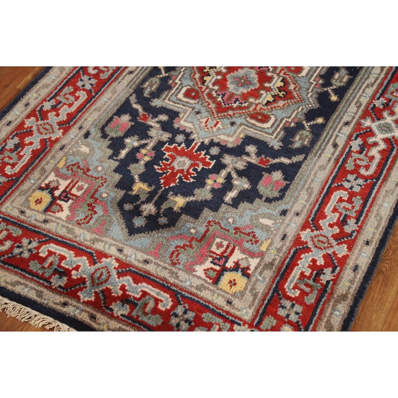 Hand Knotted Oriental 100% Wool Carpet Traditional Medallion Navy Blue & Blues Heriz (serapi) Area Rug - 5' 0'' X 3' 0''