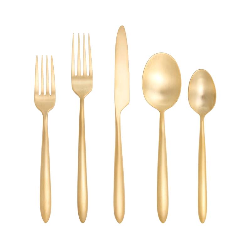 Fortessa Velo 18/10 Stainless Steel, 5PC Flatware Set (Service for 1), Silver - 5 Piece Set - Brushed Gold - Service for 1