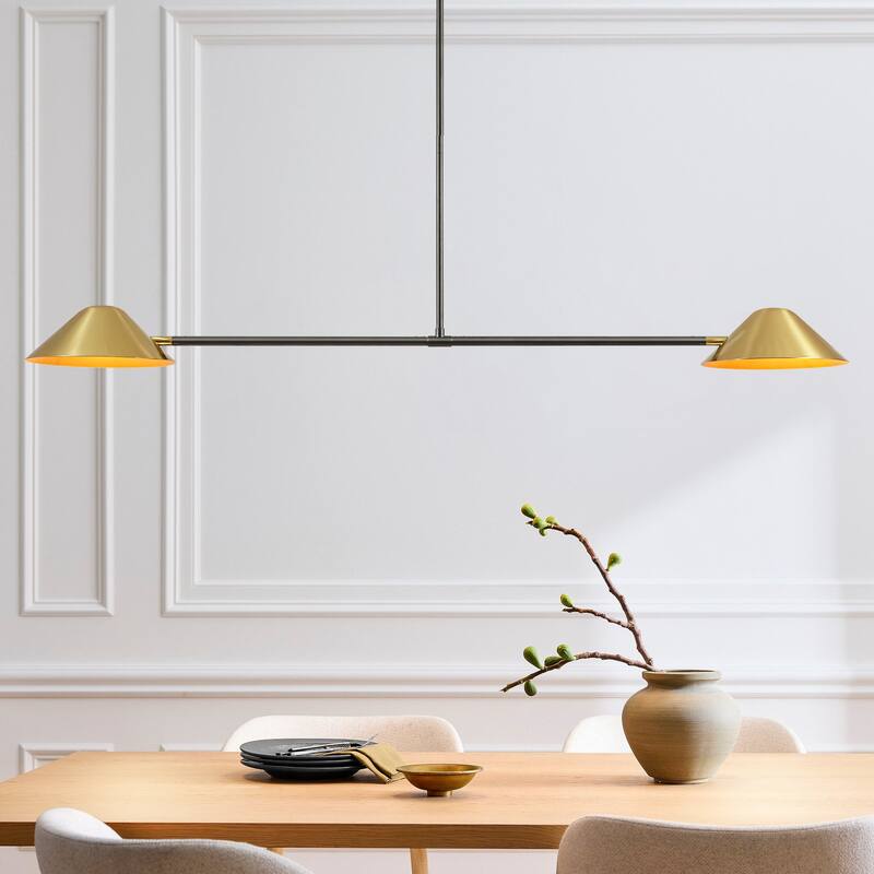 2-Light Industrial Black and Brass Linear Cone Pendant Light - 53.94" L × 3.94" H × 9.84" D