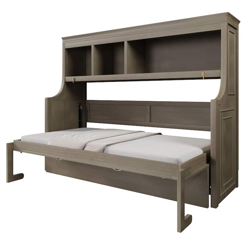 GDFStudio - Modern Wooden Twin Murphy Bed with Desk and Storage Shelves