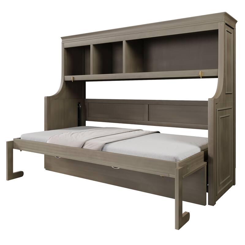 Twin Size Murphy Bed Cabinet with Fold-down Desk and Storage Bookcase Shelves