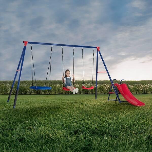 slide 2 of 5, Delta Children FunZone Outdoor Metal 4-Piece Swing Set - Includes 2 Swings, 1 Disc/Saucer Swing and Slide