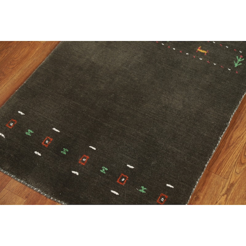 Little Animals Green Gabbeh Indian Runner Rug Hand-Knotted Wool Carpet - 2'4" x 9'2"