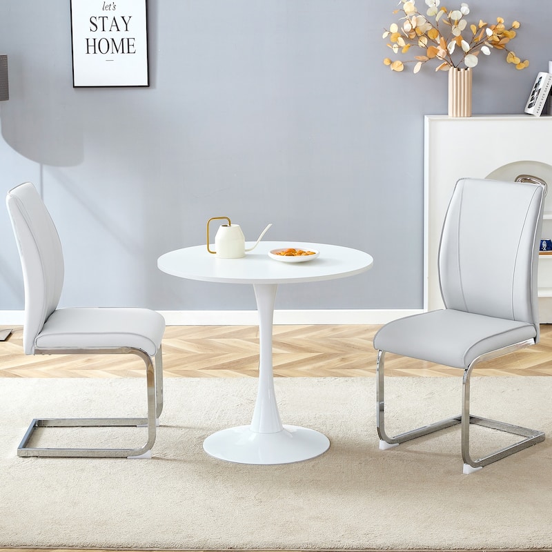 Roomfitters 3pcs Small Round Dining Table Set with PU Upholstered Chairs and Silver Arched Legs - Light Grey