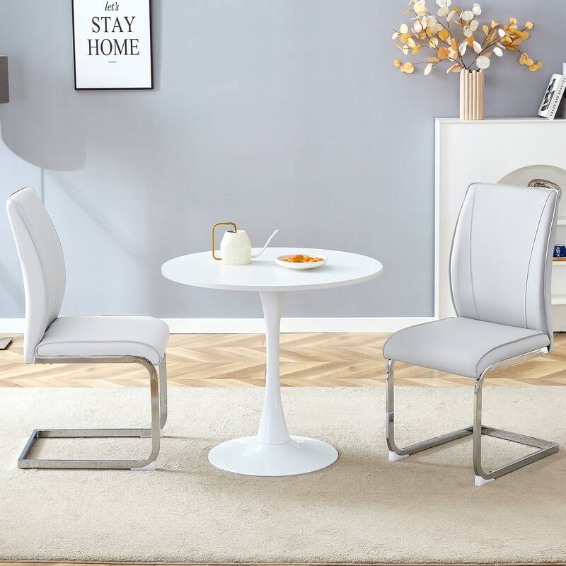 Table and chair set,Hourglass-Shaped Stable Small Round Table With 2 Soft and Comfortable PU Chair With Arched Metal Leg