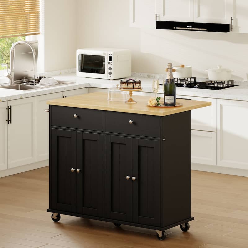 Kitchen Storage Island with 2 Drawers & Extendable Countertop - Rolling Storage Cart with Towel Rail, Lockable Wheels - Black/Yellow