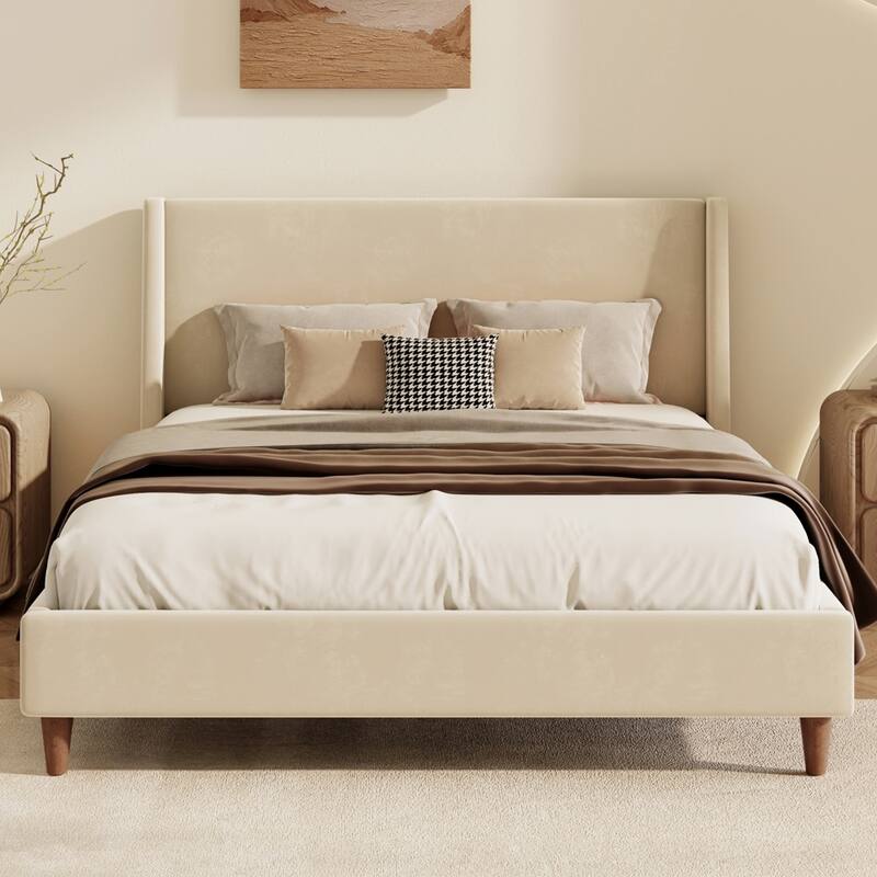 Modern Upholstered Platform Bed with Wingback Headboard