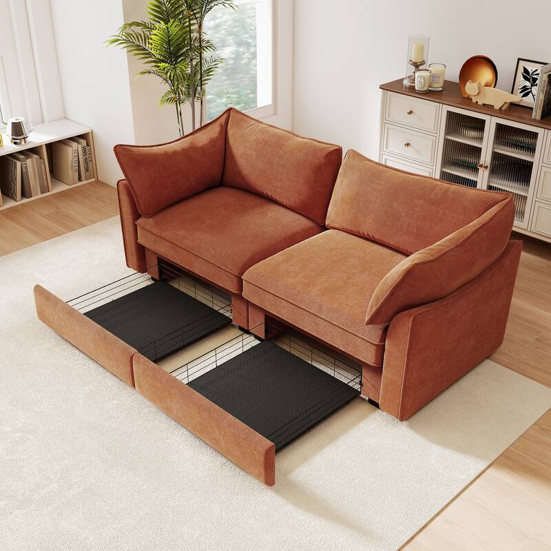 Chenille Upholstered Loveseat with Pull-Out Storage Drawer - Orange