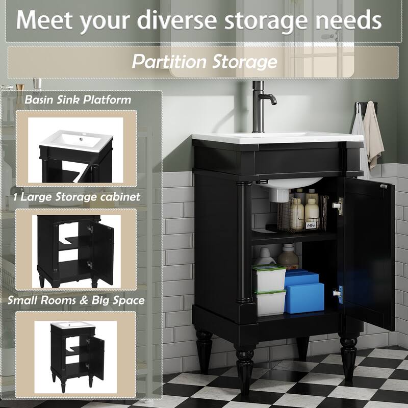 GDFStudio - Wexford Retro Freestanding Bathroom Vanity with Ceramic Sink, Solid Pine Wood Legs & Adjustable Shelf - 18'W