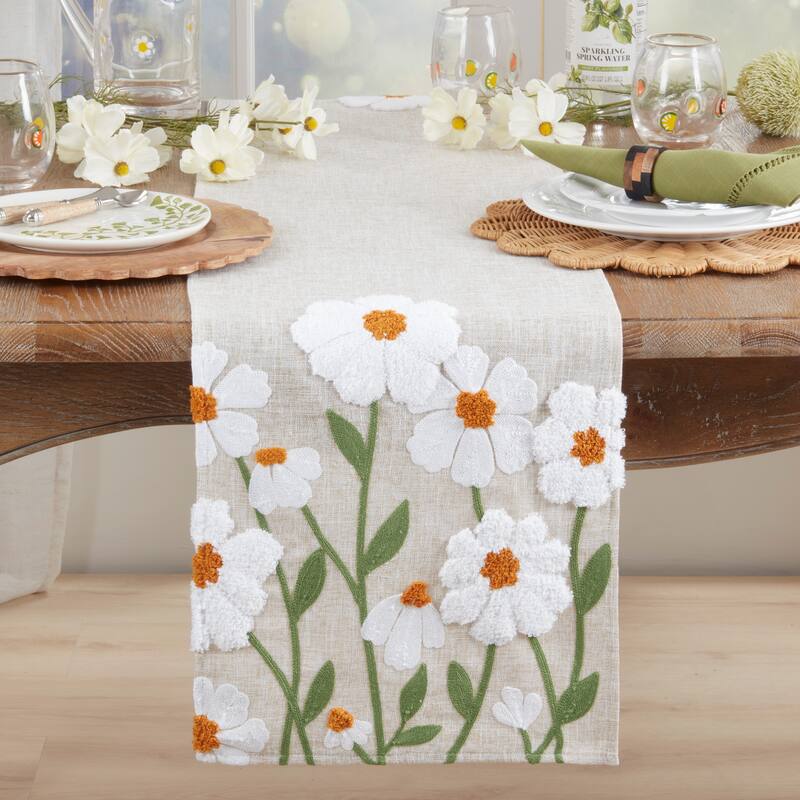 Embroidered Floral Table Runner - Decorative Non-Reversible Polyester Table Runner for Dining Table, 14"x72"