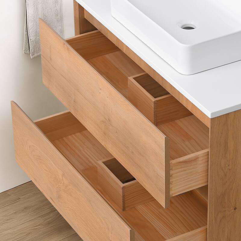 Sylphar 36 inch Toffee Oak Floating Bathroom Vanity with White Quartz Top