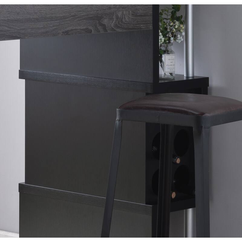 Home Bar Table with Wine Glass Compartment and Three Shelves, Grey and Black