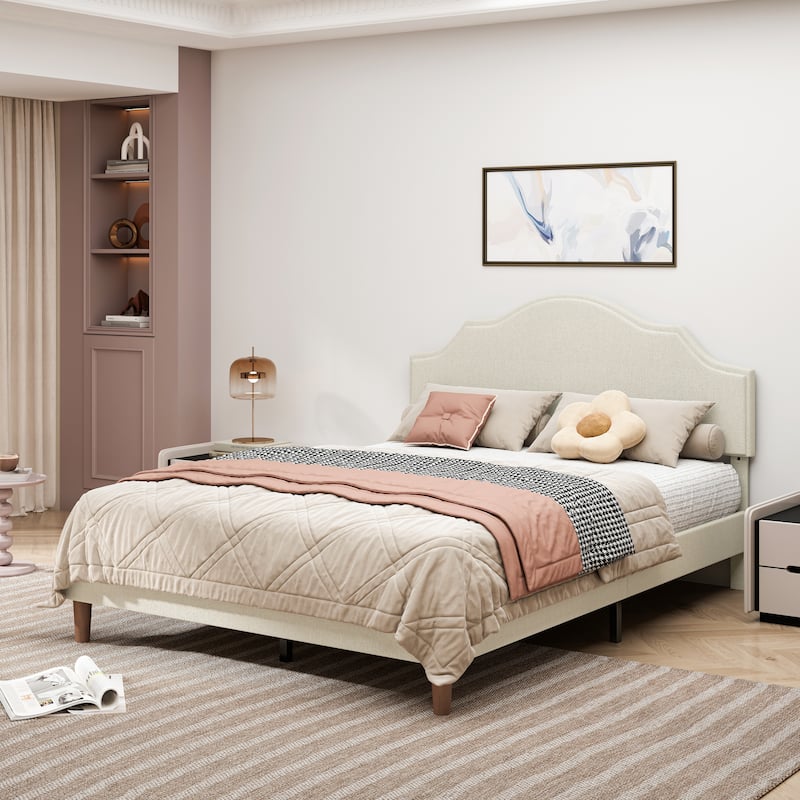 GDFStudio Bed Frame Upholstered Platform Bed with Adjustable Headboard - Queen