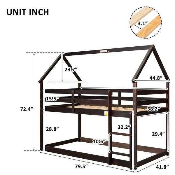 dimension image slide 2 of 3, Twin over Twin Size Wood Loft Bed with Roof Design, Safety Guardrail and Ladder