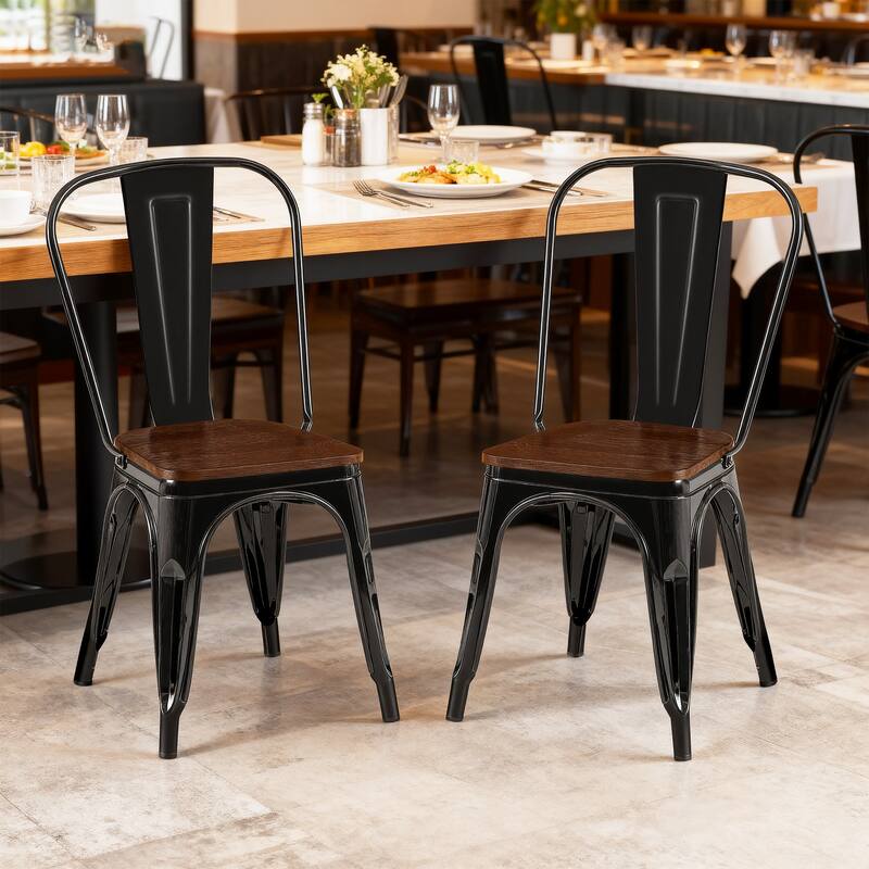 18" Modern Industrial Metal Stackable Black and Brown Dining Chair, 2PCS - 18" W X 18" D X 33" H