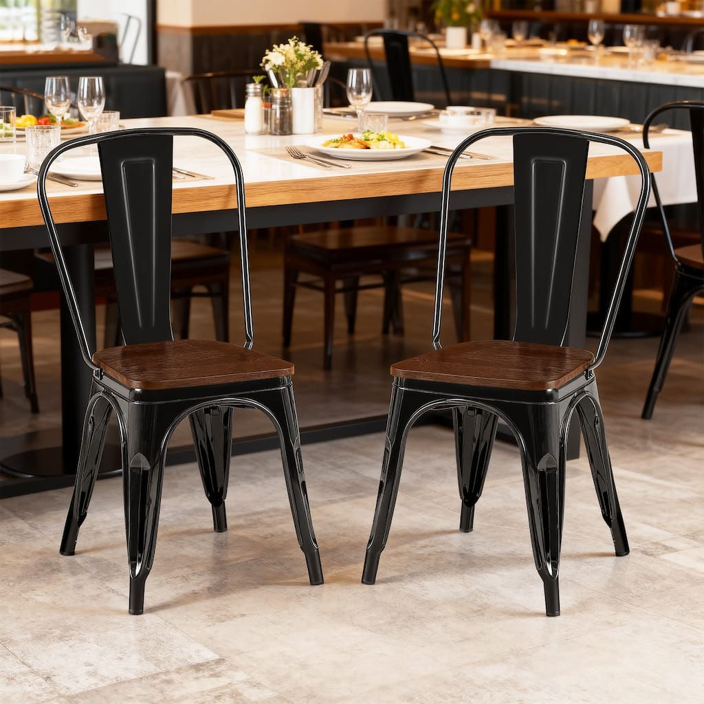 18" Modern Industrial Metal Stackable Black and Brown Dining Chair, 2PCS - 18" W X 18" D X 33" H