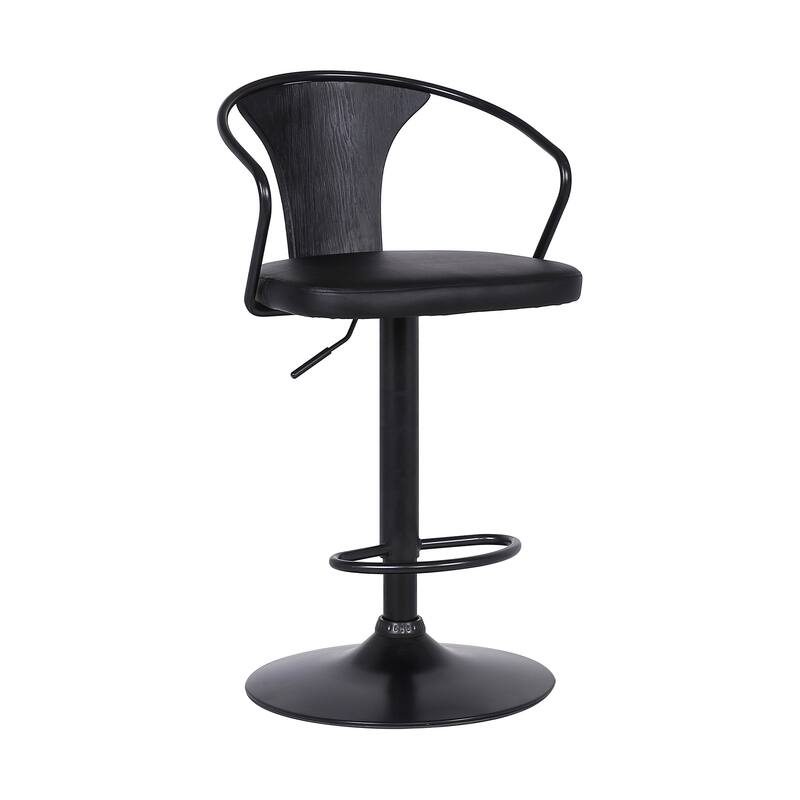 Black Faux Leather Adjustable Swivel Bar Stool with Iron Frame and Footrest - 19” x 20” x 43” (D x W x H) - Black