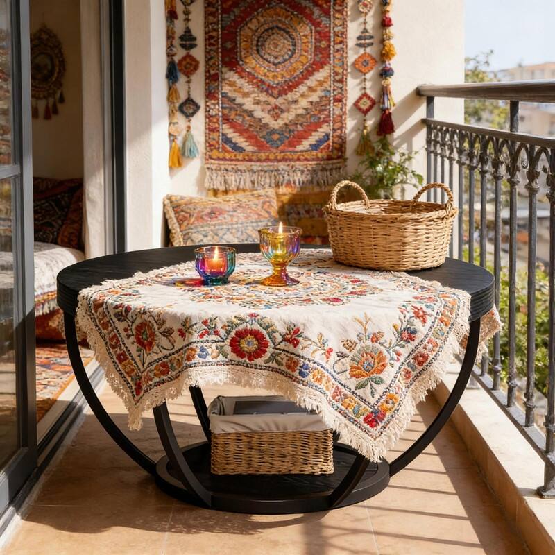 Round 2-Tier Wood Coffee Table with Metal Base for Living Room