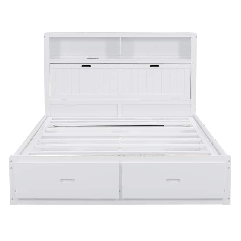 White Queen Size Wooden Bed with LED Headboard, Charging Station, 2 Drawers