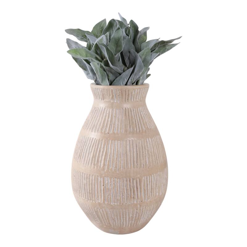 Ceramic Modern Round Flower Vase with Lines - Ivory