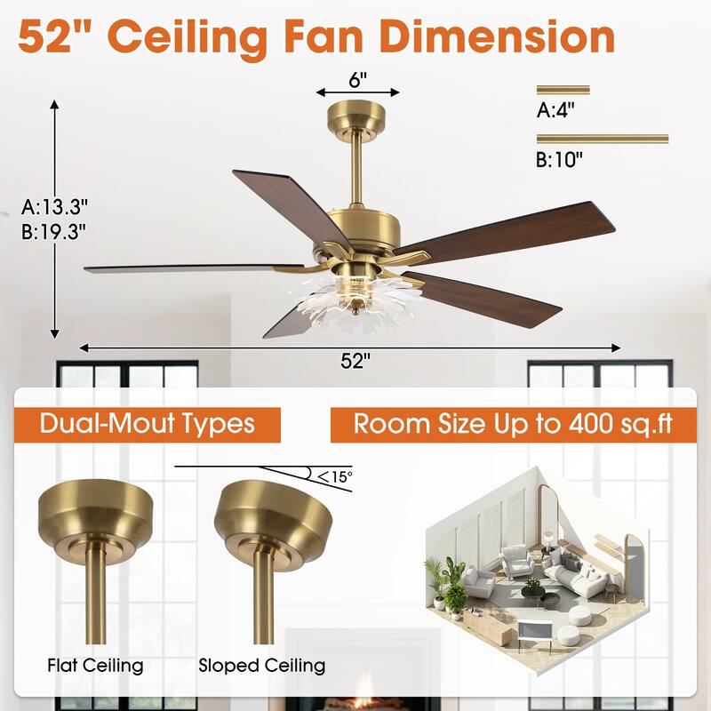 52" Modern Gold Acylic Flower Diammable Ceiling Fan with Light and Remote