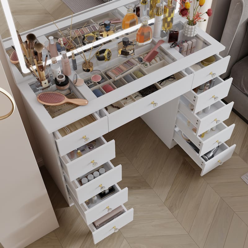 White Vanity Desk with Large LED Lighted Mirror & Glass Tabletop, Makeup Table with 11 Drawers