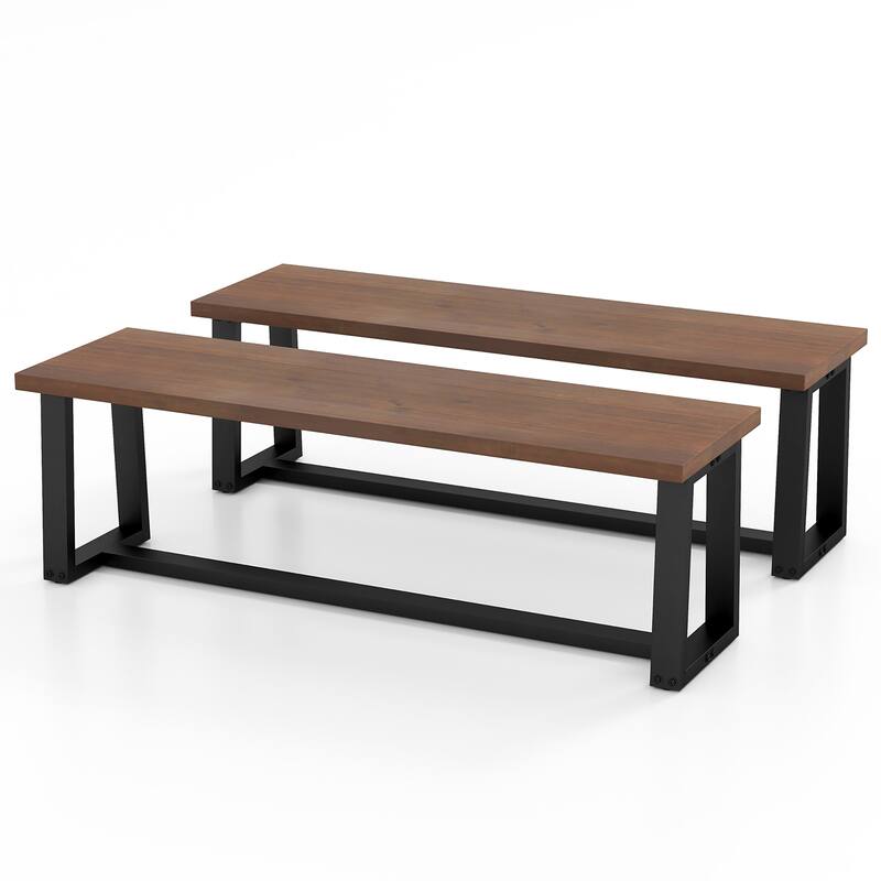 Gymax Set of 2 56.5"L Wood Dining Bench Metal Frame w/ Adjustable - Brown