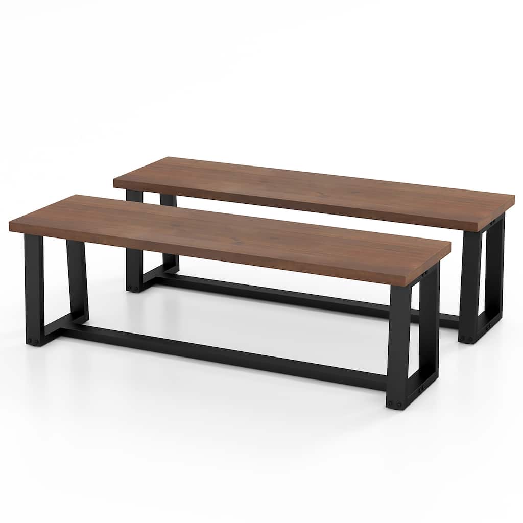 Gymax Set of 2 56.5"L Wood Dining Bench Metal Frame w/ Adjustable