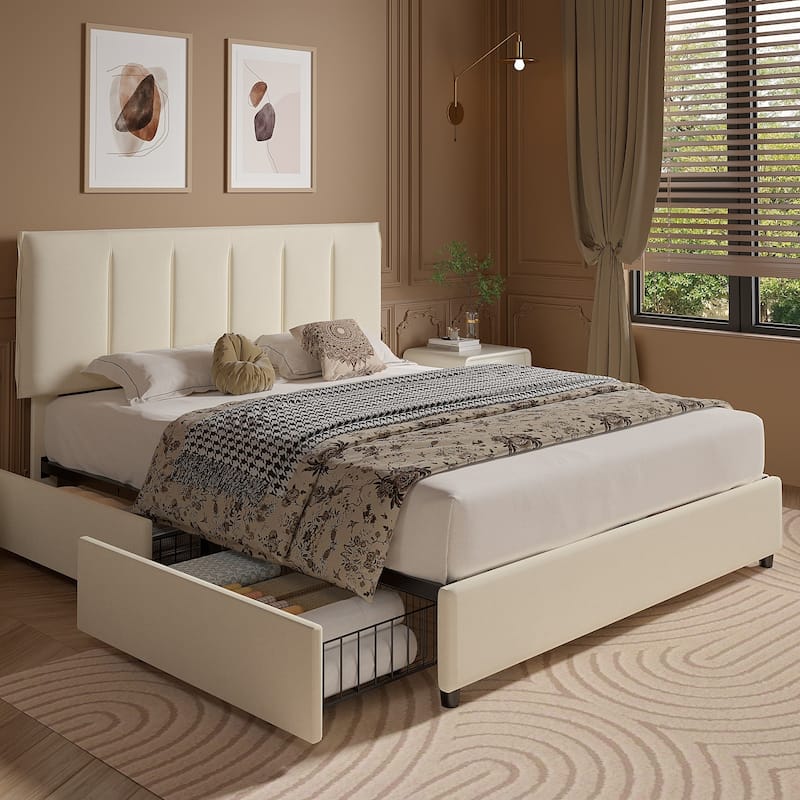 VECELO Bed Frame with 4 Storage Drawers, Upholstered Platform Bed Frame with Adjustable Headboard - Beige - Queen