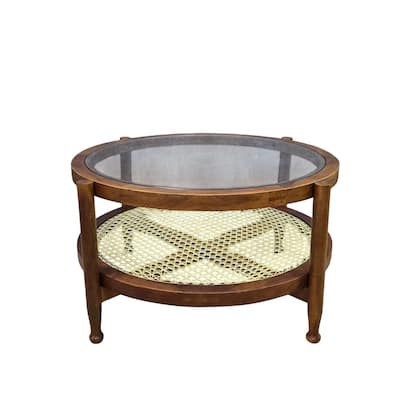 30" Hyacinth Round Coffee Table with Shelf - Elegant Glass Top and Wooden Frame Storage Table