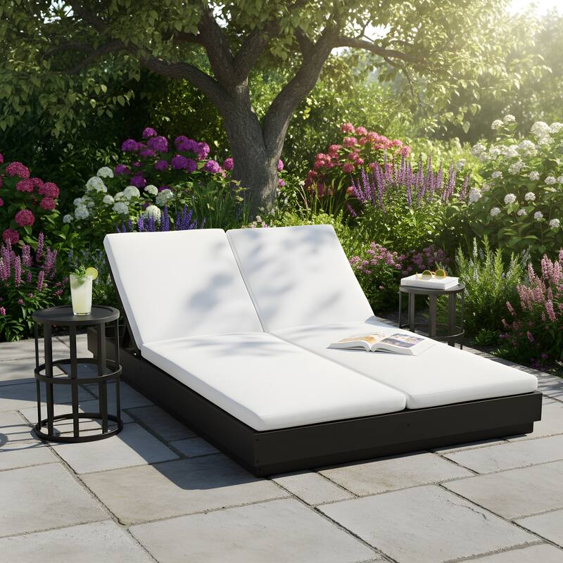 Christopher Knight Home - Outdoor Acacia Wood 5-Position Adjustable Double Sunlounge Set with 10.8" Ceramic Tile Side Table