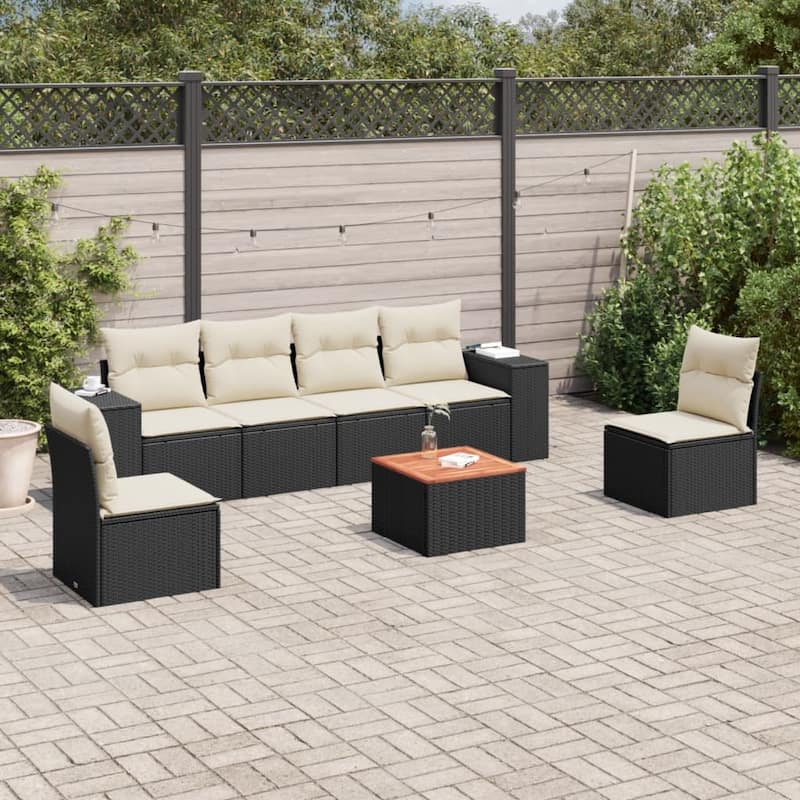 vidaXL Patio Sofa Set with Cushions Outdoor Furniture 7 Piece Poly Rattan - 21.7 x 21.7 x 14.6 - Black and cream Large
