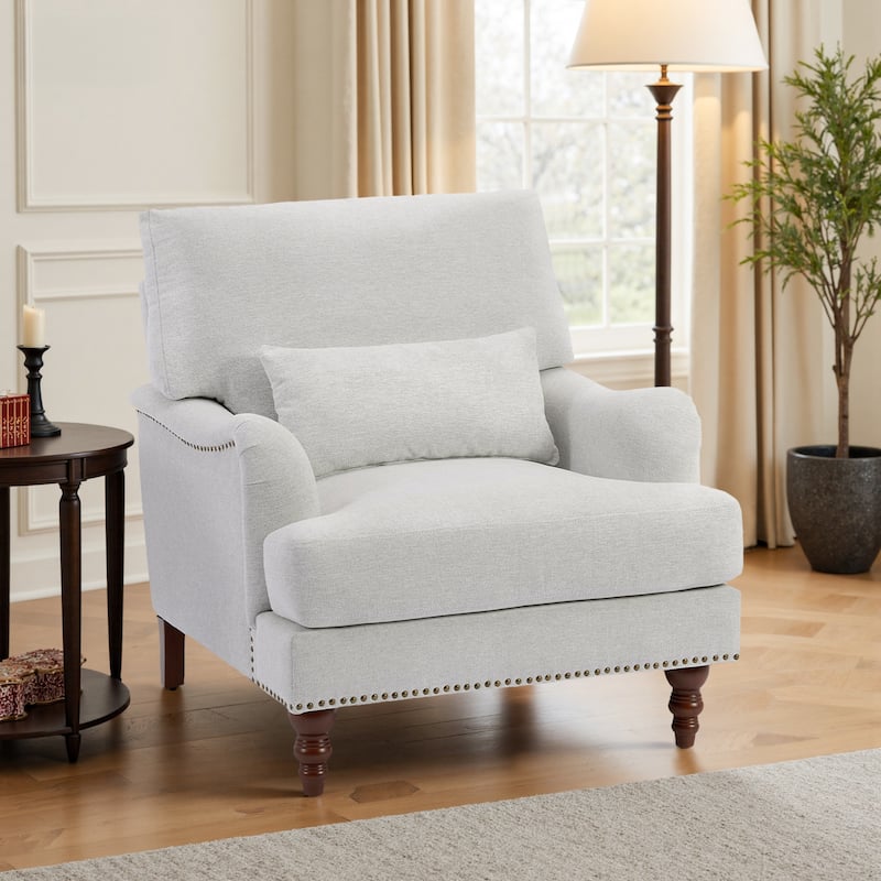 Mid Century Chenille Upholstered Accent Chair with Nailhead Trim - Beige