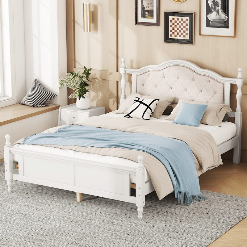 Classic Platform Bed Wooden Frame Queen Size Bed with Upholstered Tufted Headboard, Panel Footboard and Central Support Feet - White - Queen