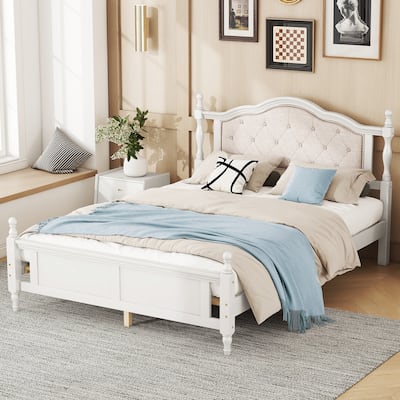 Queen Pine Wood Bed with Upholstered Headboard, Panel Footboard, Hidden Storage, and Central Support Feet