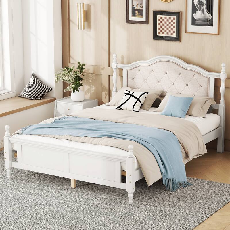 Queen Size Pine Wood Platform Bed - Upholstered Headboard, Support Feet - White