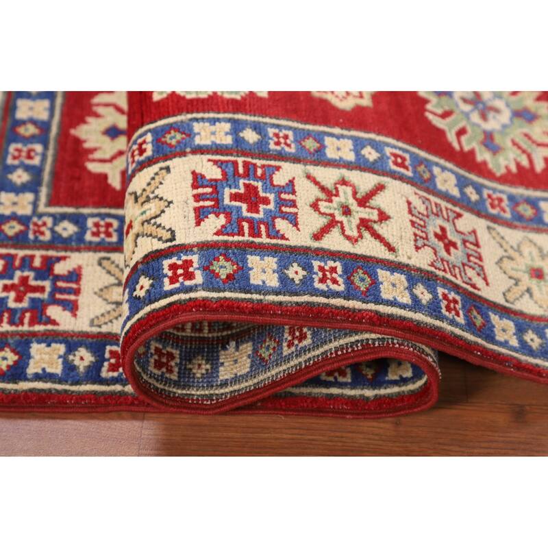 Red Geometric Kazak Oriental Foyer Rug Handmade Wool Carpet - 3'5" x 5'1"