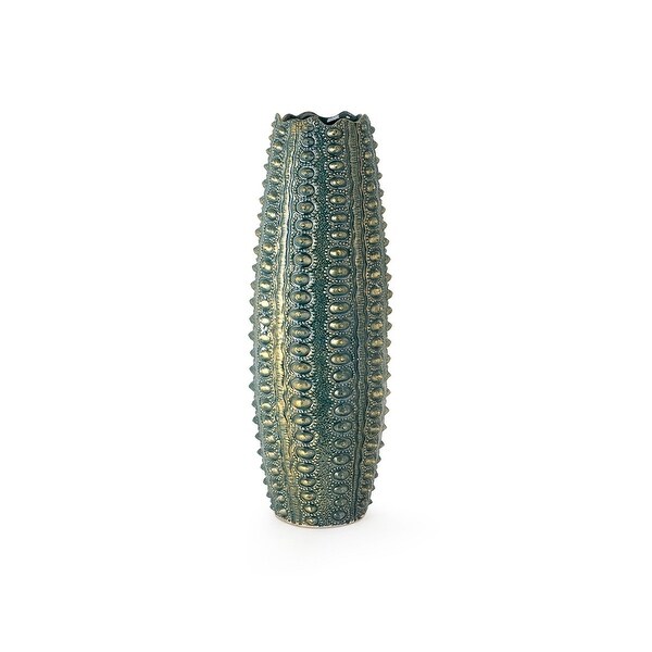 27.25" Viridian Green and Metallic Golden Colored Surface Pattern Cylindrical Small Oversized Vase - N/A