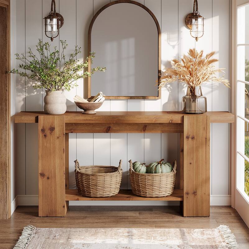 63-Inch Solid Wood Entryway Table, Console Table with 2-Tier Shelves - Brown