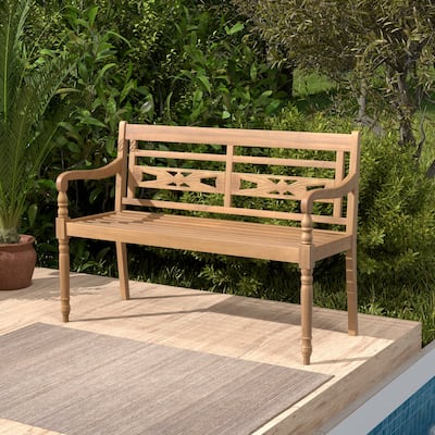 Teak Wood Patio Bench for 2 with Comfortable Backrest & Armrests - 47" L x 20" W x 32.5" H