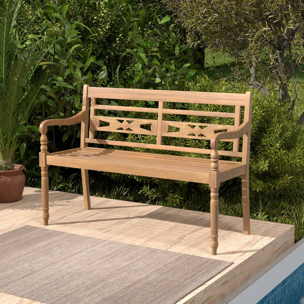Teak Wood Patio Bench for 2 with Comfortable Backrest & Armrests - 47" L x 20" W x 32.5" H