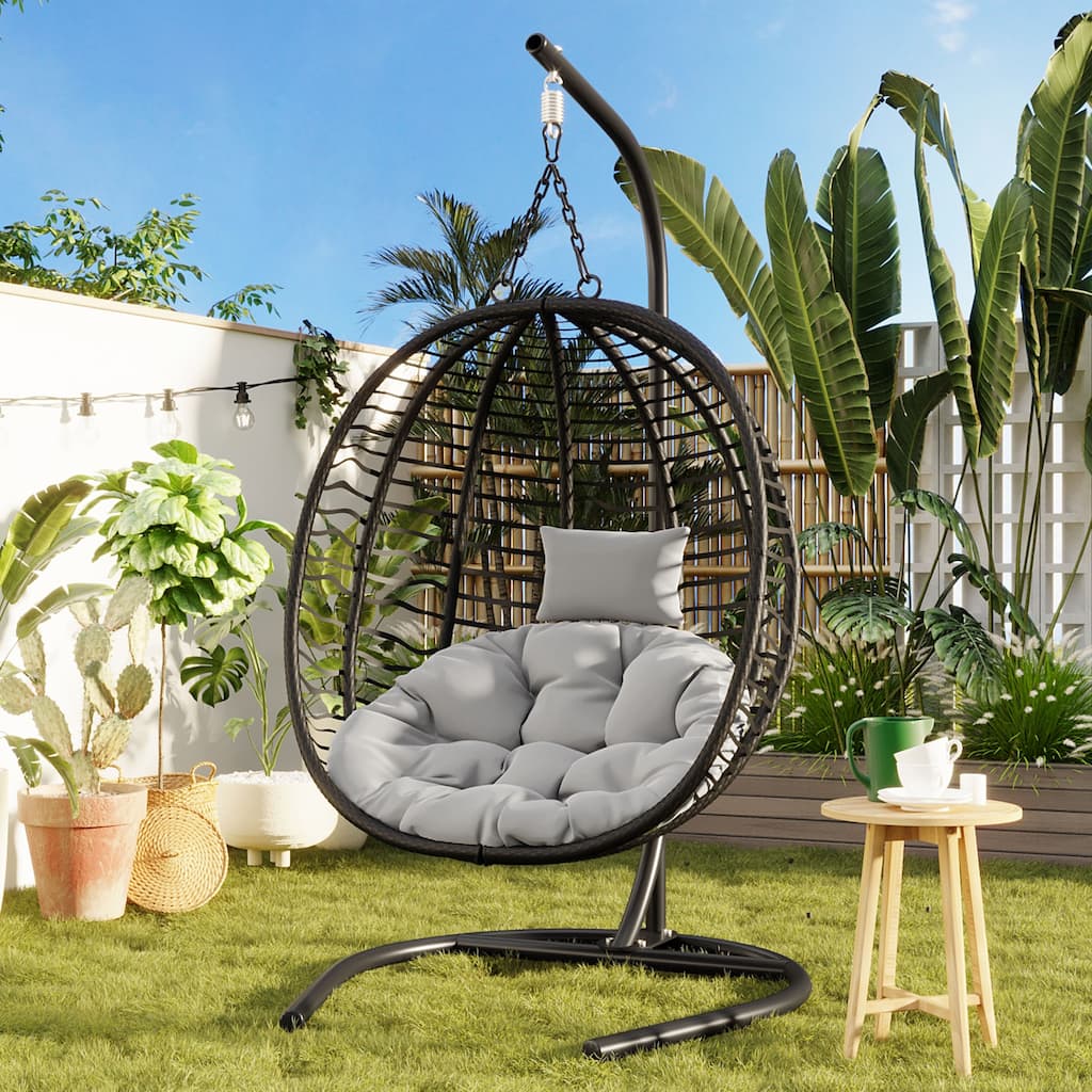 Single Person Folding Egg Chair with Stand, Hanging Egg Chair, Wicker Hammock Swing Chair with Adjustable Anti-Slip Feet
