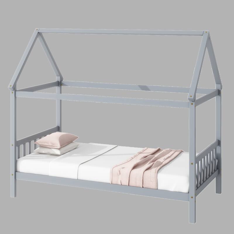 Stylish Twin House Bed with Headboard, Footboard, and Rubber Wood Frame for Kids Bedroom - Light Grey - Twin