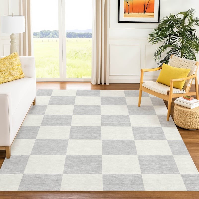 Machine Washable Indoor/ Outdoor Modern Checker Chantille Rug