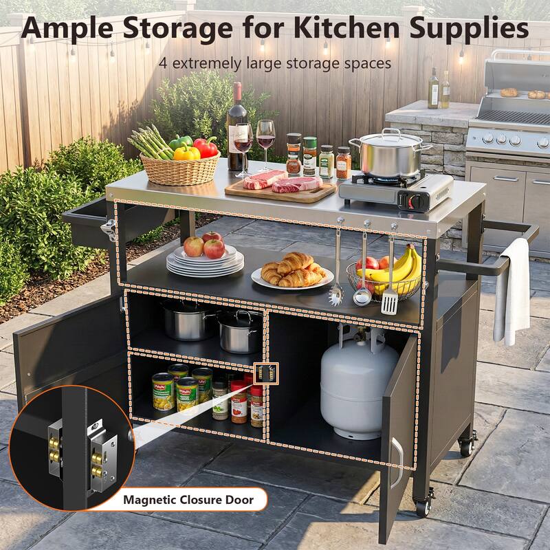 Pocassy Outdoor Grill Cart Table for Kitchen Prep and BBQ Island Table with Wheels.