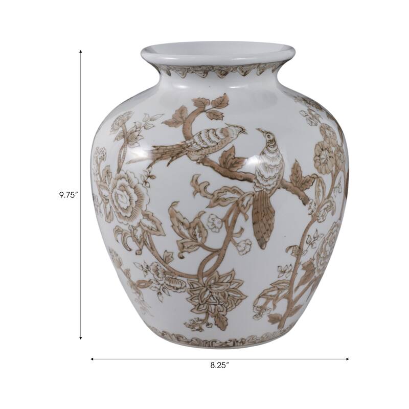 Decorative Ceramic Chinoiserie Flower Vase - White & Brown, 10"